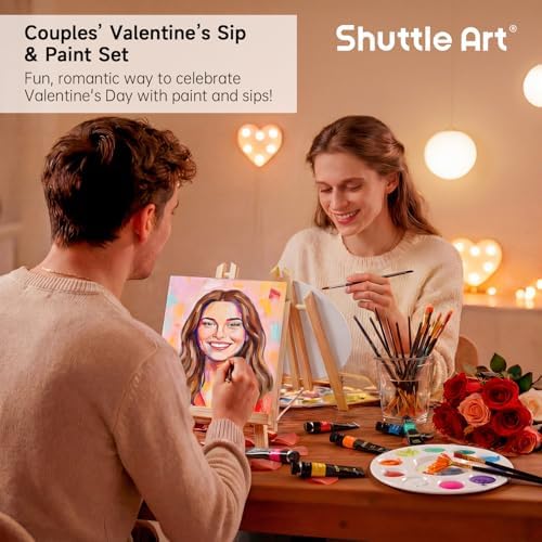 Shuttle Art 58 Pack Painting Kit for Adults and Couples, Sip and Paint Kit for Date Night and Crafts, with 2 Pack of 15 Colors Paint, 2 Wooden Easels, Canvas, Brushes & Palettes - Image 2