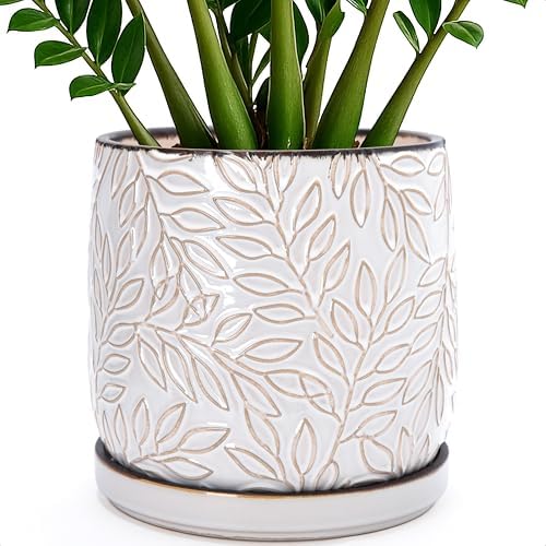 D'vine Dev Embossed Leaves Ceramic Planter, 10 in, Smoked White, 27-A-P-1 by DvineDevPlanterPotsandStand