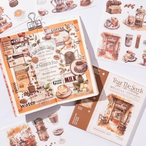 YagCu Coffee Sticker Book, 50 Sheets Journaling Stickers, Junk Journal Supplies, Pre-Cut Aesthetic Washi Materials, Watercolor Scrapbook Stickers for Adults, Decorative Ephemera Planner DIY Arts Craft - Image 2