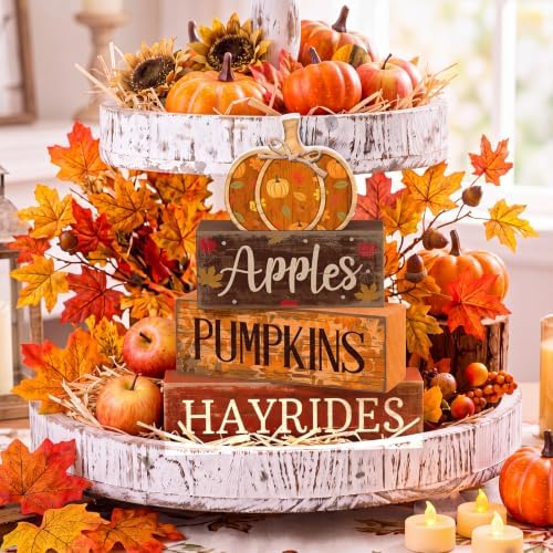 Moucuny 4 Pcs Fall Table Decoration for Home, Wooden Pumpkins Harvest Decor - Image 6