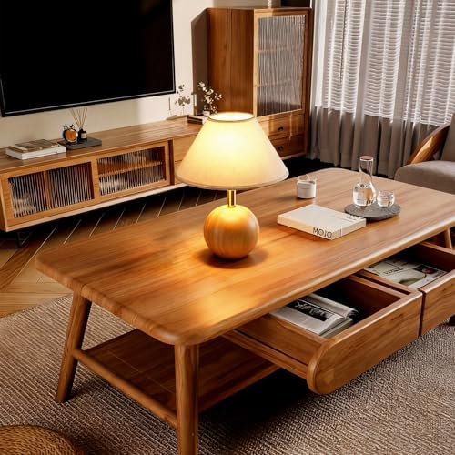 Table Lamp for Living Room,Wood Base Flaxen Fabric Shade Desk Lamp for Bedroom,Small Décor Ambient Bedside Lamps for Night Stands,LED Bulb (not Included) (2 Pack) - Image 2