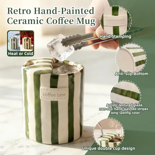 10oz Ceramic Coffee Mug with Sip Hole Hand-Painted Striped Ceramic Cup - Image 2