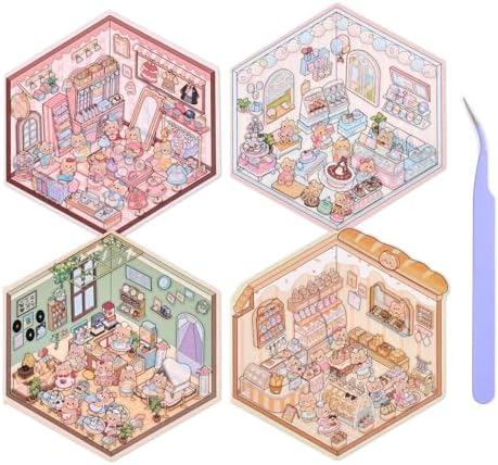 Girls 3D Miniature Scene Stickers, 4 Sets Mini Shop DIY House Stickers for Clothing Store, Coffee Shop, Bakery, Dessert Shop, Cute 3D Cartoon Sticker Scenes for Adult Kids Relief Stress Pass The Time by VYRANA