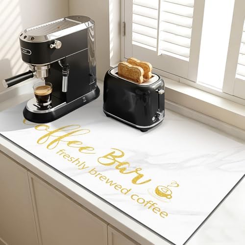 Findosom Dish Drying Mat, 17"x 32" Super Absorbent & Hide Stain Coffee Mat, Cuttable Drying Mat for Kitchen Counter, Coffee Bar Accessories, Under Dish Rack, Coffee Maker, Espresso Machine, White by Findosom