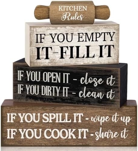 Moucuny 4 Pcs Farmhouse Tiered Tray Decor, Kitchen Rules Wooden Signs by Moucuny
