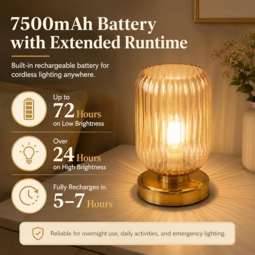 Cordless Glass Table Lamp, 3 Color Modes & Stepless Dimming, Amber - Image 2