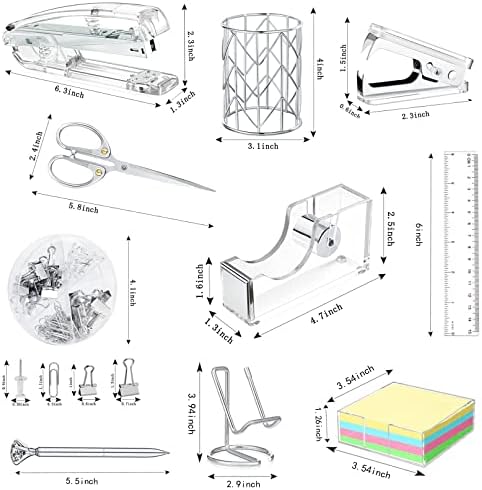 Office Desk Accessories, Acrylic Stapler, Staple Remover, Tape Holder, Pen Holder, Ballpoint Pen, Scissor, Binder Clips, 1000pcs Staples, Phone Holder, Ruler, Transparent Glue and 300 Notes - Image 2