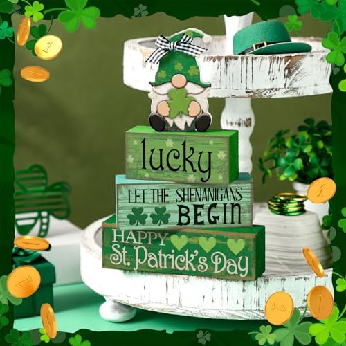 Moucuny 4 Pcs St. Patrick's Day Wood Signs Gnome Tiered Tray Table Decor - Image 2