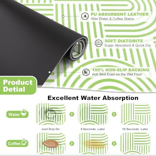 Findosom Geometric Dish Drying Mat, 12" x 20" Absorbent Coffee Mat, Green - Image 3