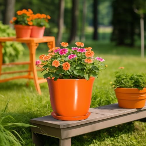 10 Inch Plant Pot - Ceramic Pots for Plants with Drainage Hole and Saucer, Round Planters for Indoor Outdoor Plants, Modern Decorative Planters, Room Home Decor, Gardening Gifts, Orange - Image 5