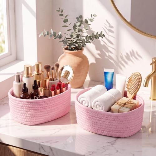 10 Pack Small Woven Baskets, Cotton Rope, Pink - Image 5