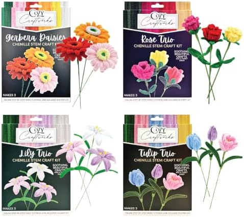 WeVeel Cozy Craftworks Four Pack Flowers Chenille Stem Craft Kit Bundle for Teens & Adults – Mindful DIY Flower Craft, Tactile Pipe Cleaner Art Kit with QR Video Tutorials by WeVeel