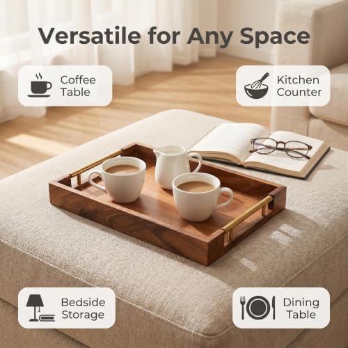 Walnut Wood Serving Tray with Metal Handles, Decorative Wooden Tray for Coffee Table, Living Room, Kitchen Counter and Party (15.75x11.81x1.97 Inch) - Image 4