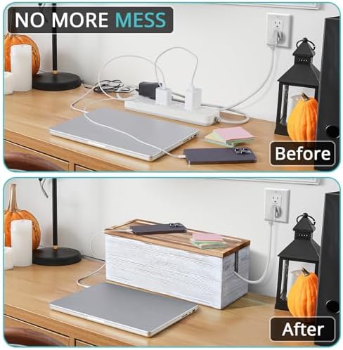 Large Cable Management Box, White Washed Wood Cord Organizer Box for Desk, Floor, Office to Hide Extension Cords Power Stripes Surge Protectors Chargers Wires - Image 5