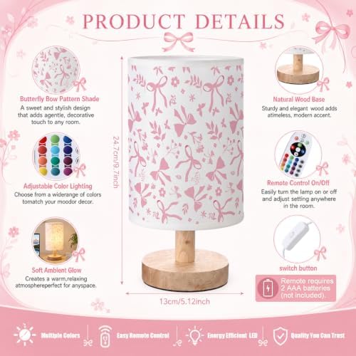 VIHOSE Pink Bow Table Lamp, 16 Color LED Desk Light School - Image 2