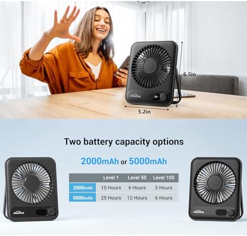 WHATOOK Small Desk Fan Personal Fans: 5000mah 25 Hours Battery Office Quiet Mini Desktop Fan Portable Rechargeable Travel Essentials (Black, 5000 mAh) - Image 6