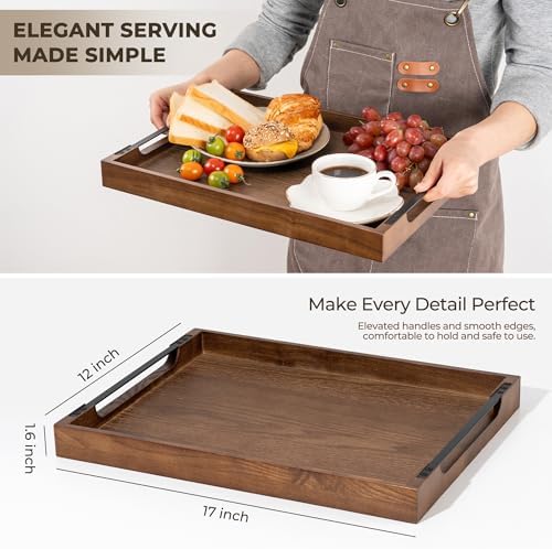 Axeman Wooden Serving Tray with Metal Handles|Ottoman Tray for Breakfast, Bed, Couch|17x13in Ash Wood Coffee Table Trays|Food Drinks Decorative Storage Boards for Ottoman Kitchen, Walnut - Image 5