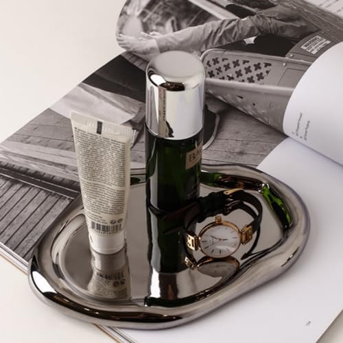 Silver Tray Decorative Vanity Tray Bathroom Tray Long Jewelry Dish by CHENDECOR