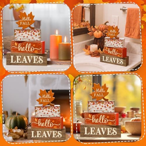 Moucuny 4 Pcs Fall Table Decorations for Home, Maple Leaf Wooden Sign Set - Image 4