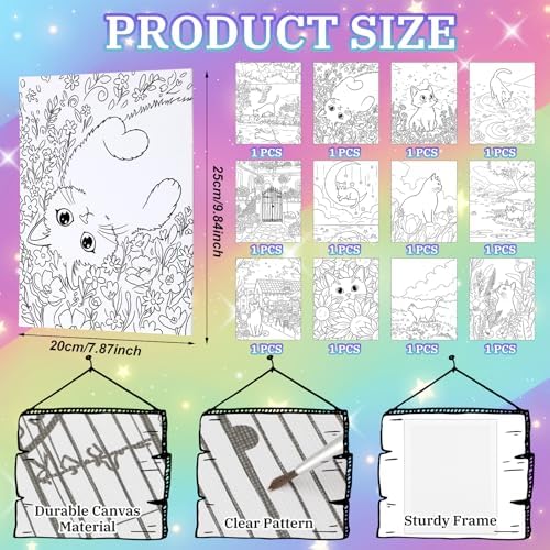 Motipuns 12 Set Black Cat Flower Pre Drawn Canvas for Paint for Adults - Image 2