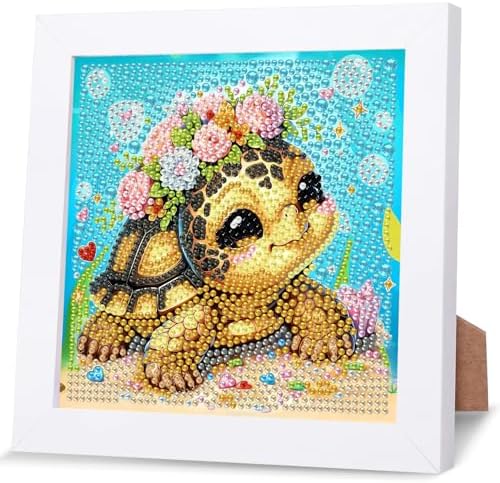 GHHKUD Cute Turtle Diamond Art Painting Kits for Adults with Frame, Diamond Art Animals Crafts for Ages 4-6-8-12, Easy to DIY Gem Painting Gifts Home Wall Deco 15x15cm (Beautiful Packages) by GHHKUD