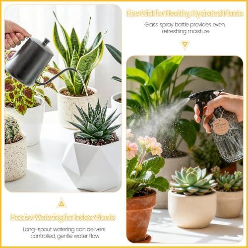 Watering Can Indoor Plants, 20 oz Metal Mini Indoor Watering Can with Long Spout for Houseplants, 13.5 oz Glass Plant Mister Spray Bottle for Bonsai Garden Flower Seedlings (Black/Grey) - Image 3