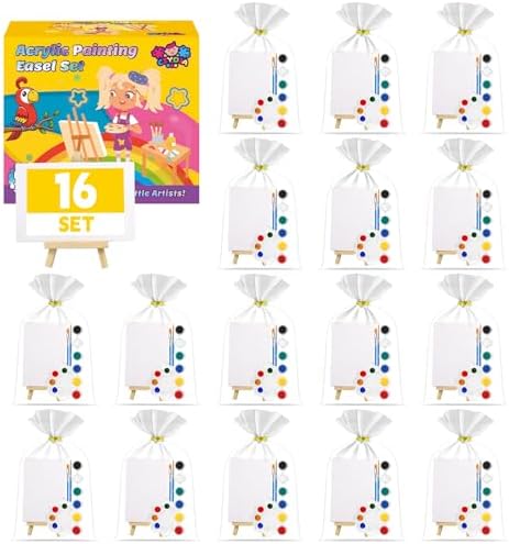 16 Pack 4x6 Inch Acrylic Paint Set - Mini Canvas and Easel Kit for Painting, Tabletop Craft Supplies with Brushes & Palettes, Complete Art Set for Kids & Adults, Classroom, Party Favors & Display by CIYOJA
