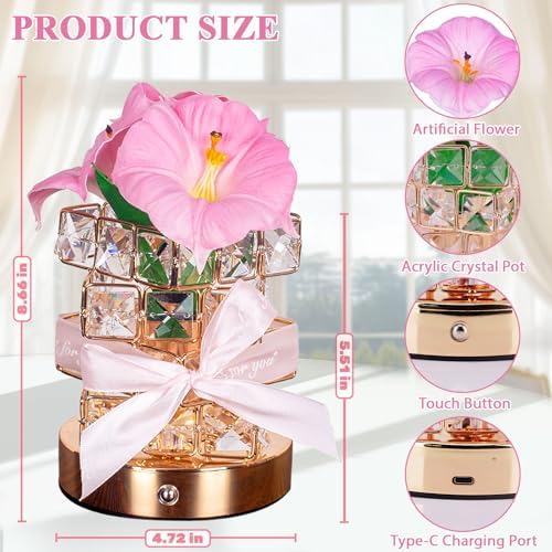Flower Table Lamps, Rechargeable Cordless Crystal Night Light, 3 Colors Touch Dimming Artificial Flower Light, LED Flowers Bedside Lamp Romantic Gifts for Girl Women Mom (MF Morning Glory-Pink) - Image 2