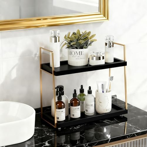 Coffee Bar Accessories, Black Gold Coffee Station Organizer for Countertop Decor, 2 Tier Large Wooden CoffeeBar Shelf for Office, Breakroom, Bathroom - Image 6