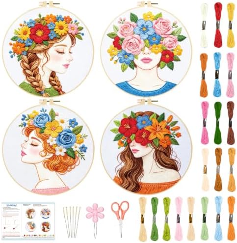 BEUNITONE 4 Set Embroidery Kits for Beginners Adult with Pre-Print Pattern by BEUNITONE