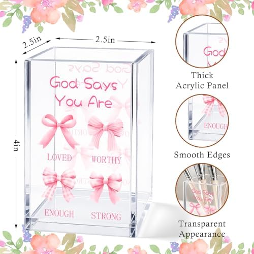 Pink Bow Acrylic Pen Holder Cup, Coquette Christian Desk Decor, Inspirational Bible Verse Pencil Holder, Cute Office Desk Organizer, Gift for Women Girls - Image 3