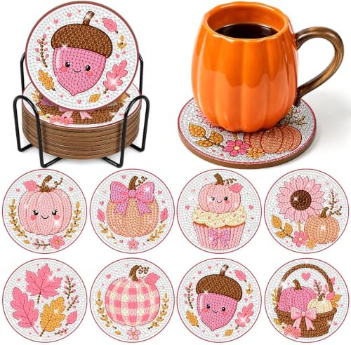 8 Pcs Fall Diamond Art Coasters with Holder Autumn Pumpkin Maple Leaf Kit by Demonwer