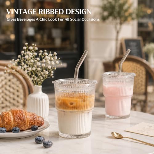 INSETLAN 13oz Glass Tumbler with Lid and Straw 4 Pack - Ribbed Glass Cup Iced Coffee Glasses, Clear Leakproof Tumbler Cup for Smoothies, Iced Latte,Matcha, Cold Drinks - Image 6