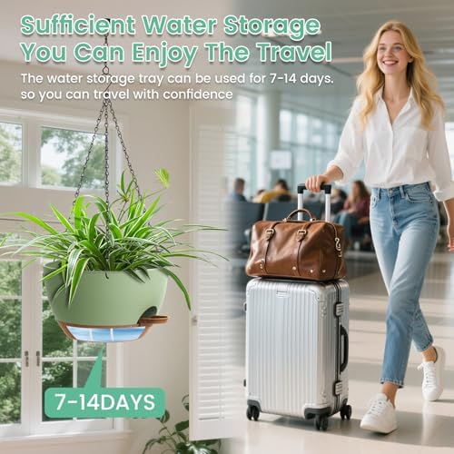 UOUZ Set of 3-10 Inch Self Watering Hanging Planters for Indoor & Outdoor，Hanging Plant Pots with Drainage & Removable Tray, Hanging Pots Holder for Ivy, Ferns, Balcony & Patio, Green and Brown - Image 6
