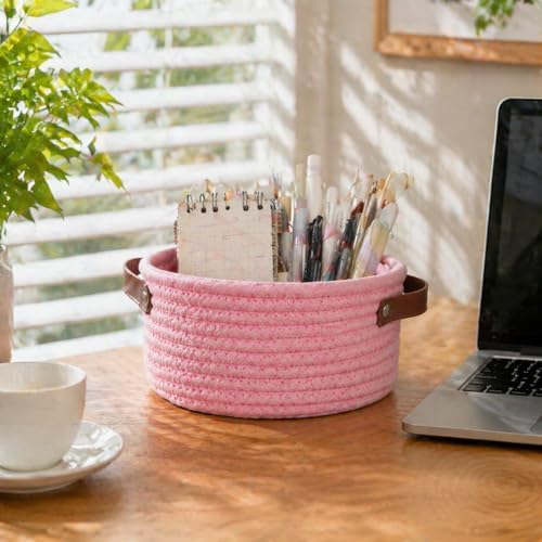 Small Woven Cotton Rope Basket with Leather Handle, Pink - Image 5