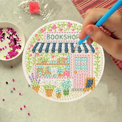 Clendo 8 Pcs Book Shop Diamond Art Coasters Kit - DIY 5D Small Diamond Painting Coasters with Holder, Mini Diamonds Arts Kits for Adults Coaster, Gem Art Arts and Crafts for Adults - Image 6