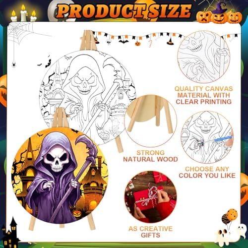 Supervitae 72 Piece Halloween Round Pre Drawn Canvas Kit 5.9" Paint and Sip Kit for Adults Painting Party Pre Printed Canvas DIY with Pictures Paints Easels Brushes for Party Gifts - Image 3