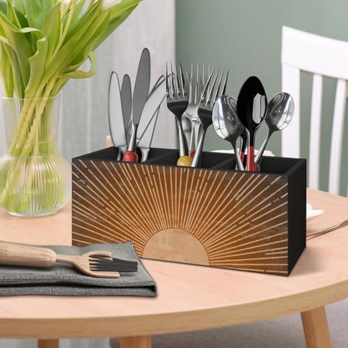 Vintage Boho Sun Wooden Pen Pencil Holder for Desk Accessories, Boho Office Decor, Retro Mid Century Modern Sunshine Wood Makeup Brush Toothbrush Holder Organizer for Vanity Bathroom - Image 6