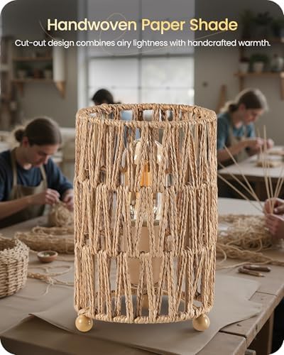 Small Rattan Table Lamps Set of 2, Boho Bedside Lamps Plug in, Handwoven Paper Rattan Lampshade, 2400K LED Bulb Included, Desk Lamp, Nightstand Lamp for Bedroom, Living Room, Mesh H11TLP205 - Image 5