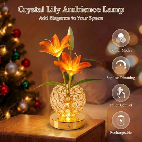 Stargazer Lily Crystal Table Lamp, Rechargeable Touch Flowers Lamp - Image 2