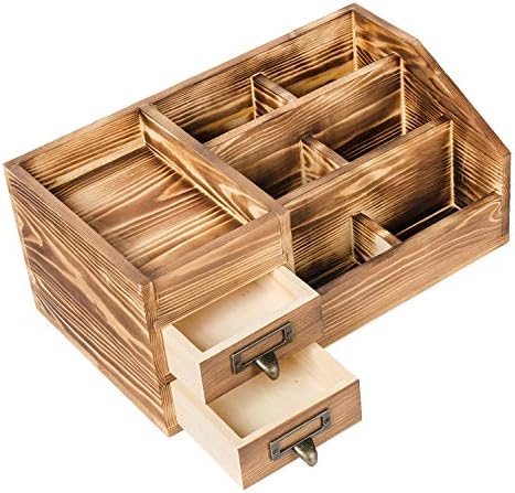 Liry Products Rustic Wooden Desktop Organizer Office Supplies Brown Tabletop Storage Cabinet Stepped Rack Multiple Compartments 2 Tier Drawers Makeup Accessory Jewelry Sorter Display Box Home Office - Image 3