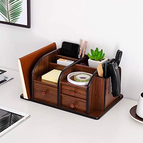 Liry Products Brown Wooden Desk Organizer Multiple Compartments 3 Drawers Slots 2 Shelves Racks Holder Office Supplies Caddy Tabletop Storage Desktop Stationery Accessory Sorter Home Kitchen - Image 4