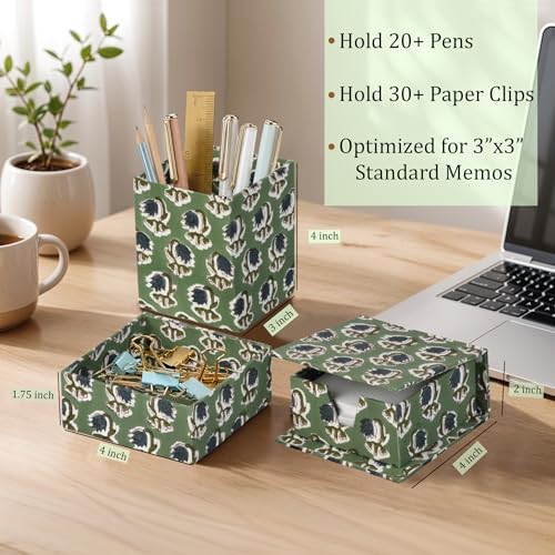 Ridhi Basil Green Block Print Office Desk Organizer Pen & Note Holder - Image 5