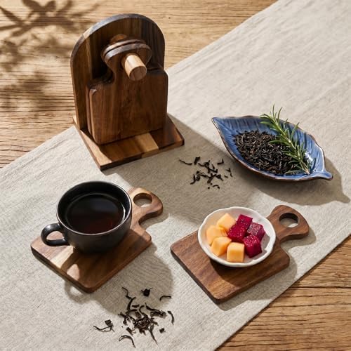 Acacia Wood Coasters Set of 4 with Holder, Mini Charcuterie Board Coasters, Decorative Wooden Drink Coasters for Coffee Table, Farmhouse Cottagecore Kitchen Decor, Housewarming Gift - Image 2