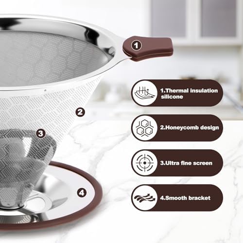 Pour Over Coffee Dripper, Roogaluckeep Stainless Steel Reusable Filter - Image 5