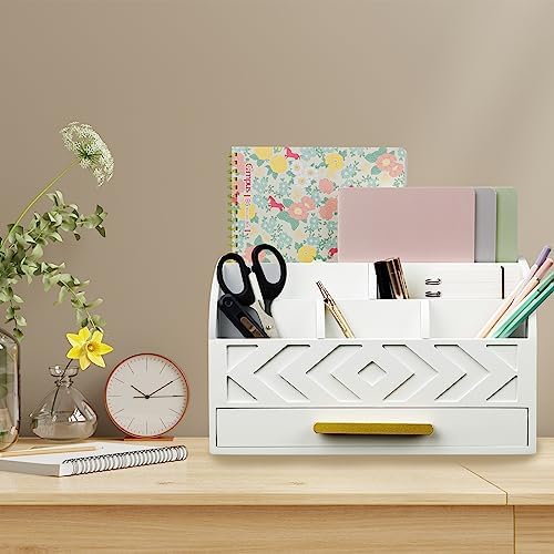 Wooden Desk Organizer Mail Organizer Countertop, Desktop Organizer Mail Sorter Mail Holder Bill Organizer for Desk, Desk Organizers and Accessories for Women (White) - Image 2