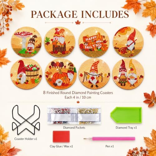 Demonwer 8 Pieces Fall Gnome Diamond Coasters with Holder DIY Cute Fall Gnome Diamond Art Coasters 5d Autumn Gnome Diamond Coasters for Beginners Adults for Fall Thanksgiving Day Gift - Image 2