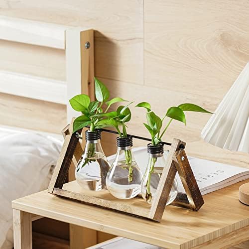 Marbrasse Plant Propagation Stations with Wooden Stand, Desktop Plant Terrarium Holder Bulb Vase, Glass Vase Container with Metal Swivel Holder for Hydroponics of Home Garden Office Decor Lover Gifts - Image 4