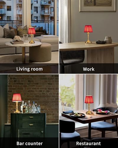 KDG Gold Cordless Table Lamps Set of 2, Red Fabric Shade Small Desk Lamp - Image 6