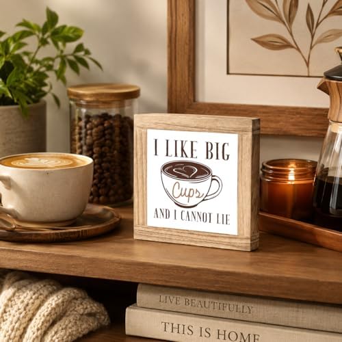 Coffee Wooden Plaque, I Like Big Cups and I Cannot Lie, Funny Kitchen Coffee Sign, Brown Latte Art Decor Accent, Rustic Counter Display For Pantry Shelf Breakfast Bar, 5.9 x 5.9 in - Image 5